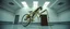 Placeholder: pinhole cam, weird geometry sacred, airbrush 3d rendering, integrated_multimodal_description: [Shot 1] A five-second cinematic single take in a clean industrial presentation hall. A bizarre mechanically plausible bicycle machine stands beside a presentation podium, designed to look like a giant mechanical praying mantis. Two large bicycle wheels form its main body and four thin articulated mechanical legs support it. Two long folded mechanical front arms resemble mantis forelegs.