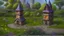 Placeholder: fairy tower in a middle of a small cute village, with many small houses and trees around the tower