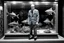 Placeholder: imitating black and white dioramas, man in three-piece suit, whose head has been replaced by a fish tank