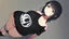 Placeholder: generate a full-length girl with gray-green sad eyes, with dark hair above the shoulders, a round face, not very plump lips, in a black T-shirt with a print of your choice, short shorts, she is a little fat, in blue socks