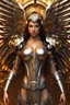 Placeholder: Photo Realistic Full body Lady Angel cyborg straddle wings, using traditional armor,detailed, intricate,gears cogs cables wires circuits, gold silver chrome copper,abstract background