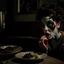 Placeholder: Strong texture, photorealism, Caravaggio, Egon Schiele. Intricate patterns, hypermaximalist. Photo made of inside house, an eerily mysterious, hidden and odd person is eating, a witchy house, sober style, pastel colors. Movie shot, spooky. Sinister scribbles, 33mm photography. Beasts