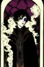 Placeholder: 17 year old boy, necromancer, friendly, looks dead, surrounded by weird smoke with eyes, wearing black robes, in the style of Harry Clarke