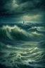Placeholder: Rain and storm in an ocean with high waves , a man is sinking trying to survive, Bosch painting style