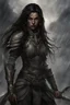 Placeholder: SA female elf with skin the color of storm clouds, deep grey, stands ready for battle. Her long black hair flows behind her like a shadow, while her eyes gleam with a fierce silver light. Despite the grim set of her mouth, there's a undeniable beauty in her fierce countenance. She's been in a fight, evidenced by the ragged state of her leather armor and the red cape that's seen better days, edges frayed and torn. In her hands, she grips two daggers, add dark shadow mystic purple flames