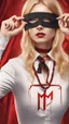 Placeholder: A blonde girl is blindfolded with a red cloth, with a necklace bearing the letter M around her neck. Cinematic picture