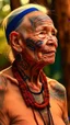 Placeholder: General , ultra HD shot of an old woman with Mayan features, tribal tattoos, textured copper skin, elongated skull, tribal jewelry, large, Background of the figure in a jungle environment.