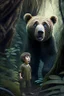 Placeholder: Suprised bear infront of boy in jungle