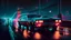 Placeholder: retro muscle car driving at night, neon, city, bridge, rain