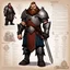 Placeholder: character concept sheet with AD&D statistics and characteristics, [wii No More Heroes style with thick lines] a dwarf cleric in heavy armour and his mace