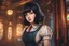 Placeholder: elizabeth with short black hair in 8k 2D anime realistic drawing style, bioshock word, close picture, rain, highly detailed, high details, detailed portrait, masterpiece,ultra detailed, ultra quality