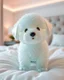 Placeholder: Generate image: A macro 3D render of a cute, lovely wooly dog ,made of Translucent glossy jelly material, soft gelatinous appearance, smooth rounded surface, realistic subsurface scattering, internal light diffusion, subtle volumetric translucency, wet polished highlights, slightly reflective surface, soft rubbery-plastic texture, vibrant neon color, physically based shader, studio lighting, high-end CGI render.on a conform in a luxury bedroom.
