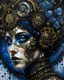 Placeholder: Aquarelle art Beautiful vantablack voudore biomechanical watercolour art young faced woman portrait adorned wirh biomechanical bioluminescense vantablack and dark blue glitter cover rose headdress and metallic golden filigree floral. Embossed costume armour organic bio spinal ribbed detail. Of rainy gothica background extremely detailed hyperrealistic aquarelle art maximálist concept art