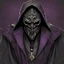 Placeholder: warlock, black mask with ash purple patterns, black robe with ash purple patterns, dark, ominous, ash purple, grey background