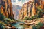 Placeholder: palette knife landscape of a lush desert river canyon with towering sandstone cliffs in the Expressionist style of Egon Schiele, Oskar Kokoschka, and Franz Marc, highly detailed in muted natural colors with fine detail outlining and shading