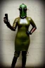 Placeholder: Steam-punk style random-mask. Large fencing mask covers chin and cheeks. Hot girls. Reflective surface on face, full coverage, reflective. Camera lenses as eyes. Head full of integrated old-fashioned cameras and phone. Army green surfaces body, latex. Perfect body, thick thighs and calves. Asa Akira's body. Wide hip, skirt bleats nicely. Partly symmetrical. Straitjacket. Rusty and decayed background. Steam-plunge air-bottles. Euclidean 3D-tiling walls. surrealistic. Oppressive atmosphe