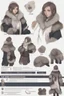 Placeholder: A dnd character sheet. A woman dressed for the cold north in black and white furs, with brown hair