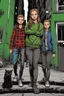 Placeholder: Design a detective book cover for teenagers. Three 15-year-old teenage detectives and a black cat in the centre, one boy on her left, the girl in the centre and one on her right are on the town street. Banksy style, modern comic book style, mysterious atmosphere, modern clothes, streetwear, street look, Polish style, highly detailed, green eyes, brown eyes, ginger hair, brown hair, blonde hair,