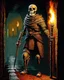 Placeholder: A frightening castle dungeon hallway with a skeleton warrior in rusty chainmail holding a burning torch painterly rpg art