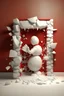 Placeholder: 3d Christmas snowman, breaking through the wall, plaster texture, white and red, 3d background