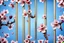 Placeholder: fantastic light pin blue background with three cherry blossoms in a column repeated 4 times with variations