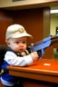 Placeholder: Picture of baby robbing a bank with a toy gun.