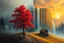 Placeholder: A cinematic atmospheric oil painting landscape dramatically split between cool misty blue-gray tones on the left and warm golden-orange sunset hues on the right. A vibrant red tree blazes like flames against the dramatic sky on the right side. Cascading vertical color streaks create a surreal waterfall effect throughout the composition. Two human figures a man and a woman and a dog walk intimately side-by-side along a winding path in the foreground. A rustic wooden cabin sits
