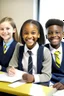 Placeholder: Smiling students wearing school uniforms sitting inside a classroom with clear details of diverse faces