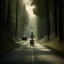 Placeholder: a lonely figure with a suitcase, leaving a metropole, on a road, into a forest, photo quality