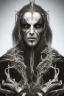 Placeholder: Symmetric portrait of a man with black metal facepaint , looking like Nergal from Behemoth and spitting blood