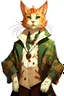 Placeholder: giant with short ginger hair up to shoulders, ears like cats, big green eyes, skin is furry and ginger, tall, hands like cat paws, wears white shirt with a frill at the bottom, wears jeans that go out at the bottom, wears a long coat of cheetah fur