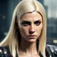 Placeholder: Photorealistic headshot of a beautiful fierce blonde assassin cyberpunk dynamic pose