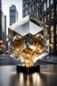 Placeholder: The crystal with a golden sphere inside embodies the modern urban environment in a modern urban escape, transforming into an array of crystal cubes.