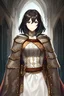 Placeholder: best quality, hd, max detail, girl, black hair, short hair, grey eyes, serious look, poor fantasy coat, dirty fantasy coat, medieval outfit, assasin, background, medieval town background