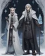 Placeholder: a young High Elf frost Wizard with long wiry hair, wearing a black trimmed white nobleman's robe and frost ornaments on clothes, with a weasel companion