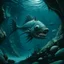 Placeholder: A dark bluish teal underwater abyss with angler fish painted by Katsushika Hokusai