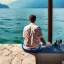 Placeholder: Man from behind is watching on tbe Lake Garda in Italy