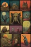 Placeholder: scary cartoon-style illustrations of fantasy creatures, They capture the aesthetics of old animated films, but with a touch of horror and mystery, inspired by Bill Sienkiewicz, davidlozeau, Nicolas bruno and max Ernst , ink and acrylic on canvas, scary but fun and whimsical, album cover art, comic illustration art, humorous and ominous, rich colours, quirky and whimsical and wonderfully bizarre art