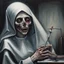 Placeholder: medium brush stroke stylish Matte oil painting, Point_of_view perspective from someone on operating table, close up of an undead nun with hollowed out empty eye sockets as a surgeon holding a (hypodermic syringe:1.4), frightening, horror art, dynamic composition, complex contrast, chiaroscuro, sfumato, by Clive Barker and Dan Mumford, zombiecore,