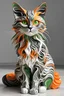 Placeholder: Pop art sculpture of a beautiful cat with long, wavy, thick hair, pointed ears, bright green eyes, orange, black and white colors, ultra quality, (((full body))), sitting on the floor