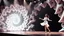 Placeholder: modern stage with a beautiful lady in modern clothing dancing, 3D recursive fractal structure animating background