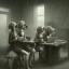 Placeholder: cute girls sitting at the computer in military gas masks. one of the girls is sticking out of the canale