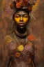 Placeholder: an abstract painting of rusted metal and flowers, african portrait, rust, scaffolding, iron cladding, decay, mixed media, textured, anatomically correct, beautiful perfect face, sharp focus, highly detailed