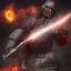 Placeholder: Meteorite falling in the sky. Bulgarian rider warrior. Shiny bright papper scroll. Weapon. Sharp. Damascus steel. Black. Technical details. Red. Doom dark. Fire.