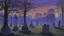 Placeholder: A purple graveyard filled with ghosts near a mansion painted by Caspar David Friedrich