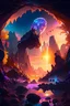 Placeholder: A group of adventurers found the entrance of the cave leading tio anotherworldd, splash art, liquid, 5d, , floating islands, black holes swallowing crystalline structures and alien flora provide a stunning backdrop for the setting sun's luminous display.