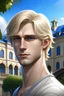 Placeholder: Fantasy White male with blonde hair and blue eyes. In the background is a comfortable mansion