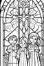 Placeholder: kids coloring page, stained glass church windows, cartoon style, thick lines, low detail, no shading