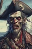 Placeholder: close up portrait of a zombi as a pirate, 2d drawing, background on a boat