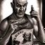 Placeholder: burly ugly 58 year old man bald with short beard and tank top tattoo chooses a bottle of wine in a cellar full of wine bottles dramatic light angry eyes highly detailed